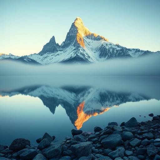 Cumbre escarpada del Cerro Fitz Roy reflej&aacute;ndose en un lago sereno al amanecer.