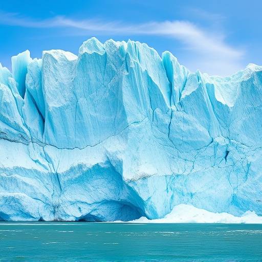 Enorme pared de hielo azul del Glaciar Perito Moreno con trozos desprendi&eacute;ndose al agua.