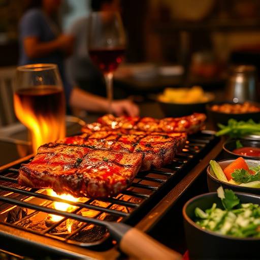 Impresionante corte de asado argentino en una parrilla, con guarniciones frescas