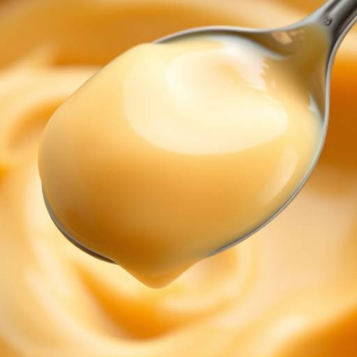Primer plano de un plato de dulce de leche cremoso con una cuchara.