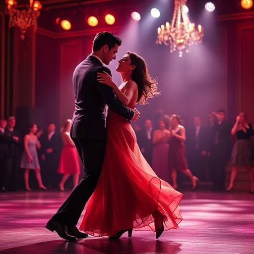 Tango performers en un escenario, luciendo vestuarios elegantes y movi&eacute;ndose con gracia