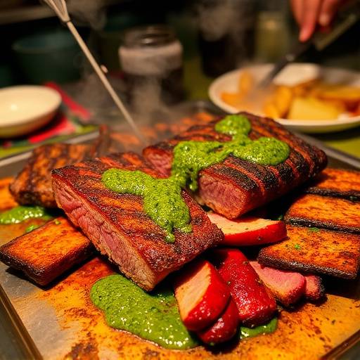 Un asado argentino humeante con varios cortes de carne a la parrilla, acompa&ntilde;ado de chimichurri.
