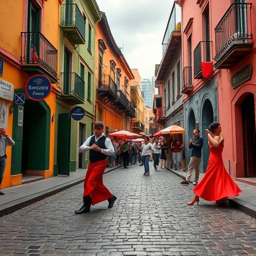 Una calle adoquinada y colorida de La Boca, Buenos Aires, con bailarines de tango.